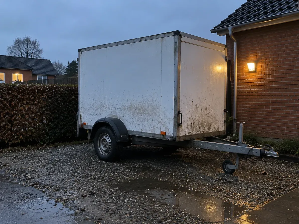 Lukket trailer parkeret ved et hus